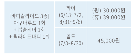 케리비안베이 바디슬라이드 3종 가격, 기간
