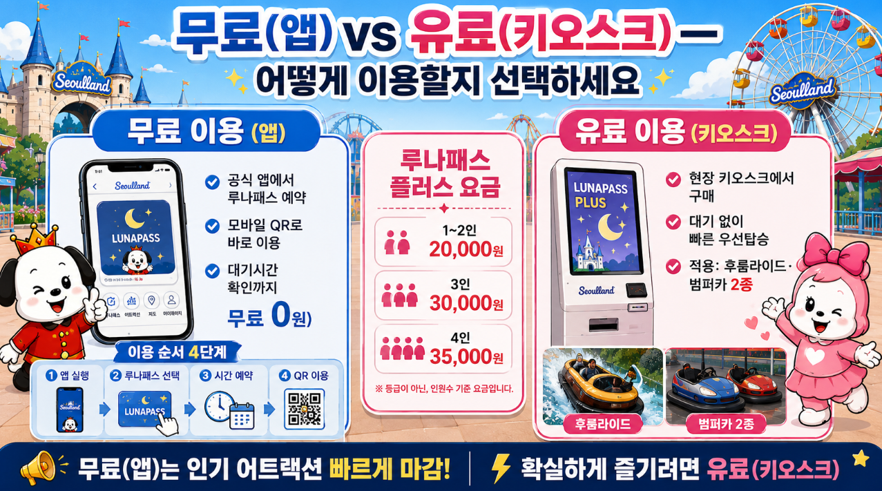 무료 앱 예약 vs 유료 키오스크 루나패스 플러스 비교