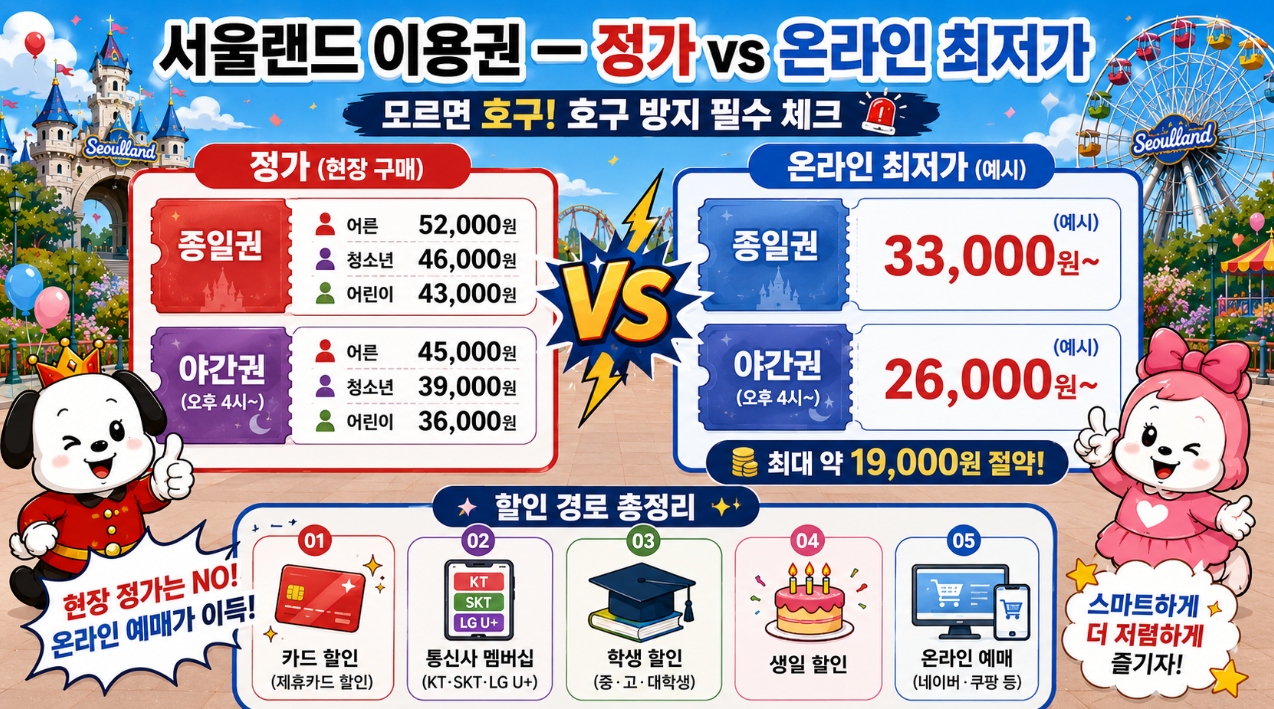 서울랜드 입장권 정가 vs 온라인 최저가 비교